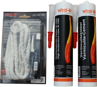 Obrázok produktu pre Šnúra do rúry Ø 6 mm 2 m + lepidlo na šnúru + tesniaca hmota W-1000 + vermikulitové lepidlo odolné voči teplu do 1000°