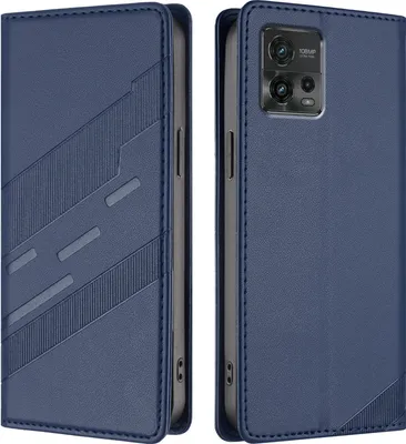 A blue flip-style phone case shown from two angles, open and closed.