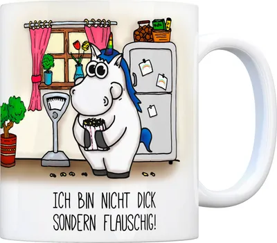 Produktbild von Honeycorns Kaffeebecher mit Einhorn Motiv und Spruch: Ich bin nicht dick ...
