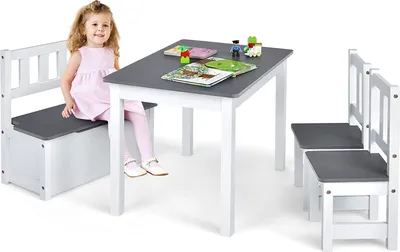 Produktbild von GOPLUS Kindertisch mit Stühlen holz, 4-teiliges Tisch- und Stuhl-Set für Kinder, 2 in 1 Tisch-Set aus Holz für Kleinkinder mit 2 Stühlen und 1 Aufbewahrungsbank