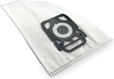 A white vacuum cleaner bag with a black plastic adapter is shown on a white background.