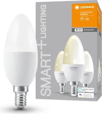 Product packaging for LEDVANCE SMART+ WiFi Candle light bulbs.