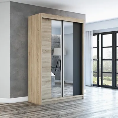 Productafbeelding van Schuifdeurenkast, 2 deuren, met spiegel! Moderne garderobe voor kleding. Verschillende kleuren (wit, zwart, sonoma). Kleerkast NEO, 120 cm
