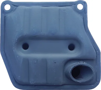 A single exhaust muffler for a chainsaw, viewed from the front.