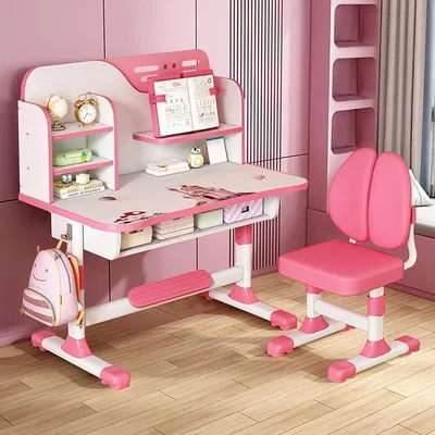 Imagen del producto de Juego de escritorio y silla para niños, escritorio y silla para estudiantes con altura ajustable, mesa de estudio para niños con cajones y estantería, ideal para niños y niñas