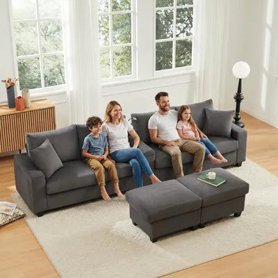 Zdjęcie produktu dla Merax 4-osobowa sofa narożna w kształcie litery U, sofa z tkaniny sztruksowej z 2 podnóżkami, lampką do czytania, składaną półką, uchwytem na napoje i USB/Type-C, oświetleniem LED, Soffa, szara