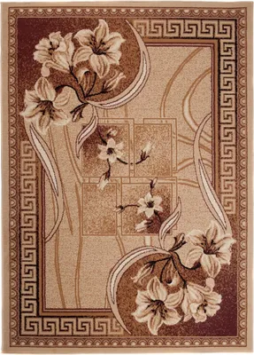 A flat lay image of a rug with a floral and geometric pattern.