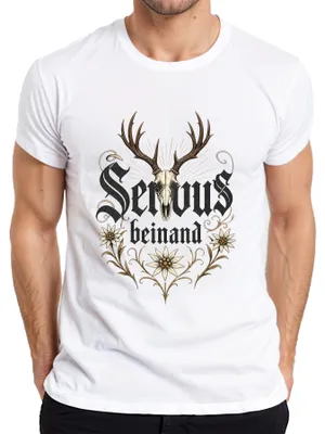 Produktbild von Servus beinand Hirsch Geweih Edelweiss Bayern Lederhose Dirndl Herren T-Shirt, Weiß, L