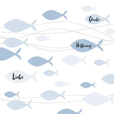 Produktbild von 20 Servietten Communion Fishes blue - Fische mit Liebe, Glaube und Hoffnung blau 33x33cm