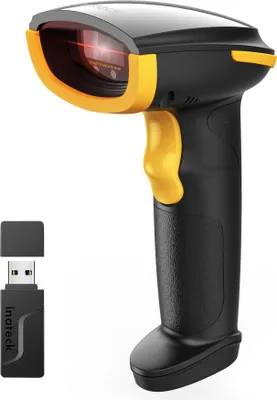 A black and yellow handheld barcode scanner with a USB dongle is shown against a white background.