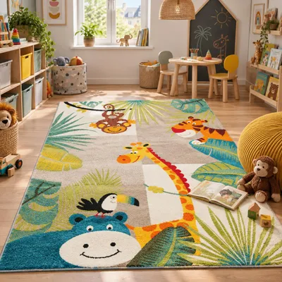 Produktbild von Kinder Teppich Softstar Kids Tierwelt Bunt, Größe:200x290 cm, KI-generiertes Bild