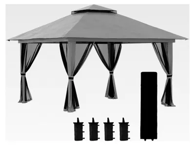 Produktbild von Pavillon 4x4m Stabil Winterfest Pop-up Gartenpavillon mit Doppeldach, UV Schutz 50+, Partyzelt mit 4 Seitenteilen, Tasche und Sandsäcken für Camping, Garten und Festival, Dunkelgrau