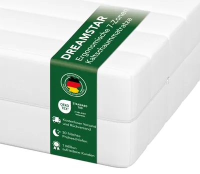 Zdjęcie produktu dla Ergonomiczny materac z pianki termoelastycznej, 7-strefowy | 180 x 200 cm | 21 cm | Twardość H2 i H3 | DREAMSTAR Easy Flex
