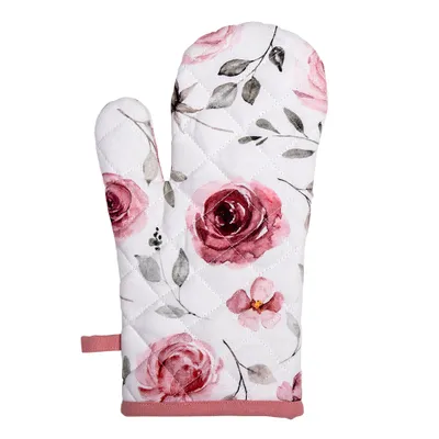 Produktbild von Clayre & Eef Ofenhandschuh 18x30 cm Weiß Rosa Baumwolle Rosen