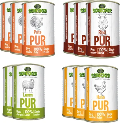 Produktbild von 11 x 410 g - Schecker Pur 11-er - 4 Sorten - Rind - Lamm - Huhn und Pute - Nassfutter 