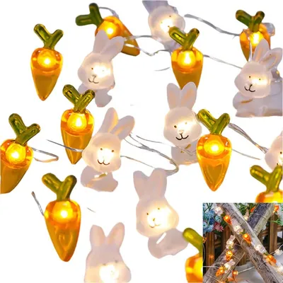 Produktbild von Hasen Karotten Lichterkette Ostern, 2m 20 LED Frühlingslichter, batteriebetrieben für Garten, Rasen, Osterparty & Osterkorb, 2er Set