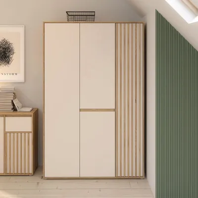 Image de Armoire Forte ELISTON 120 130, armoire moderne avec design à lamelles, 3 portes, chambre à coucher,Reproduction bois chêne Mauvella | beige Kashmir, 128,7 cm de large x 200,1 cm de haut x 54 cm de profondeur