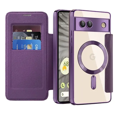 Produktbild von Klapphülle für Google Pixel 7A Kompatibel mit Magsafe, Klar Überzug Kartenhalter Ledertasche mit Kameraschutz Lila