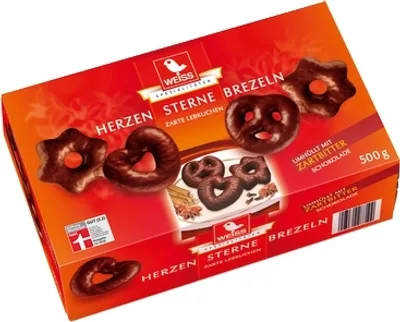 Produktbild von Weiss Herzen Sterne Brezeln Zartbitter Menge:500g
