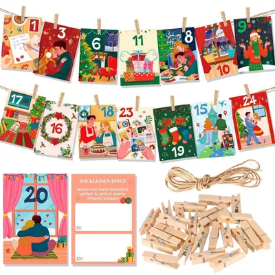 Produktbild von Adventskalender für Paare mit 24 Karten und Holzklammern zum Aufhängen