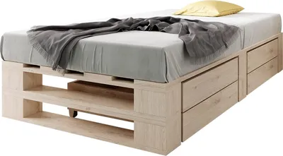 Produktbild von sunnypillow Palettenbett M2 aus Holz 100 x 200 cm mit Lattenrost und 2 Bettkästen. Stabiles Seniorenbett Kinderbett Jugendbett Gästebett