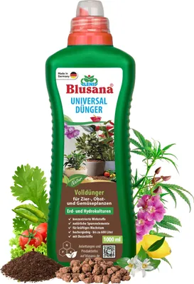 Produktbild von Blusana Universal Flüssigdünger 1 Liter Konzentrat NPK 6-3-6 EDTA-Chelate – Pflanzendünger Zimmerpflanzen Balkonpflanzen Gartenpflanzen Hydrokultur Kräuter Gemüse Microgreens