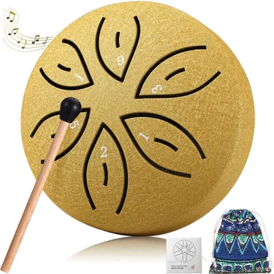 Image de Mini steel tongue drum, tambour de pluie, tambour à languettes en acier, 3 pouces, 6 notes, tonalité en do, instrument de percussion de type handpan, tambour éthérique avec sac en tissu, livre de musique et baguettes, cadeau musical pour enfants (doré)