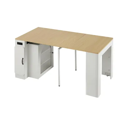 Produktbild von Flieks Ausziehbarer Esstisch mit Aufbewahrungsschrank, Küchentisch mit abnehmbarer Tischplatte, Sideboard mit Led und Ladefunktion, Weiß