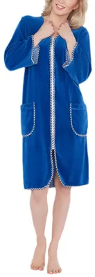 Produktbild von Aquarti Damen Velours Bademantel Morgenmantel Kurz mit Reißverschluss, Farbe: Blau, Größe: L