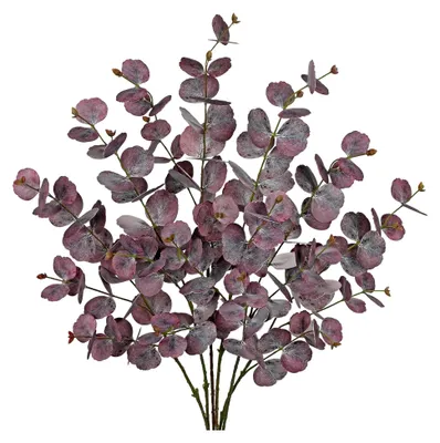 Produktbild von 6 Stück Künstliche Eukalyptus Stiele 86 cm Kunstzweige mit Silber Dollar Blättern und Violett Blättern für Hochzeitssträuße, Vasen und Tischdekoration
