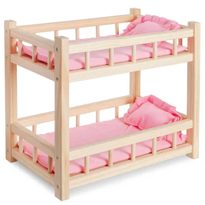 Productafbeelding van Omgoods - Houten Stapelbed voor Babypoppen tot 36 cm met Roze Bedlinnen