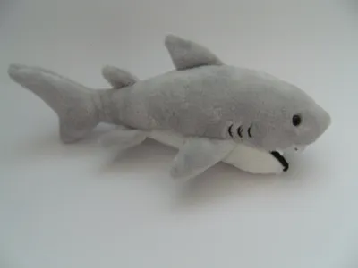 A plush toy shark on a plain white background.