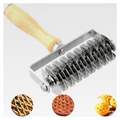 Produktbild von Teigrolle mit Gitter, Teigrollenmesser, Edelstahl, für Pizza, Teigroller mit Holzgriff, Teiggitter, geeignet für Brot, Kuchen und Pizza