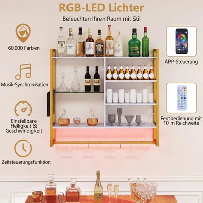 Produktbild von Schwebendes Wandregal mit RGB-LED-Beleuchtung, 6 Ebenen, 8 Haken, Weiß