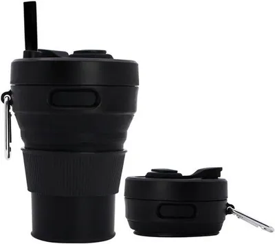 Immagine prodotto di Tazza pieghevole in silicone per caffè, ideale per campeggio e viaggi, con cannuccia, riutilizzabile, portatile, esterna, capacità 450 ml, colore nero