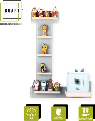 Produktbild von BOARTI Kinderregal Buchstabe L | hängend für Toniebox und Tonie Figuren | platzsparendes Regal | H. 54 x B. 38 x T. 19 | Wandregal für Musikbox Figuren Aufbewahrung Magneteinsätzen | Aufbewahrungsregal Holz