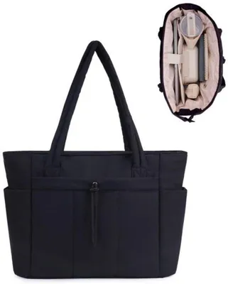 Image de Sac à main matelassé léger pour le travail, les voyages, l'université et les infirmières, noir, imperméable, pour ordinateur portable et documents, compact, facile à transporter
