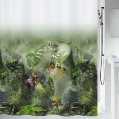 Produktbild von Spirella Anti-Schimmel Duschvorhang - Anti-Bakteriell, waschbar, wasserdicht, Polyester, „Jungle“ 180x200cm Weiß Grün