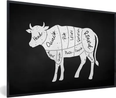 Produktbild von MuchoWow® Gerahmtes Poster Kuh - Küche - Fleisch 90x60 cm - Poster mit Schwarzem Bilderrahmen Wandposter Rahmen Foto Bilder - Fotorahmen - Foto-Plakat