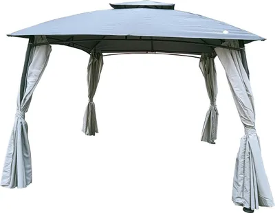 A gray gazebo with curtains, shown against a white background.