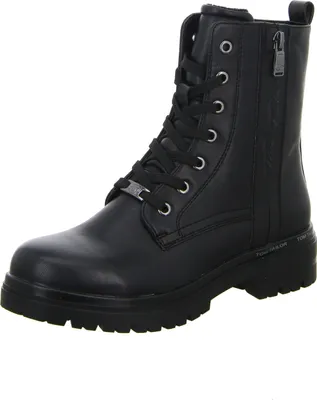 A black lace-up boot is shown against a white background.
