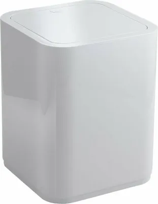 A white trash can with a lid.