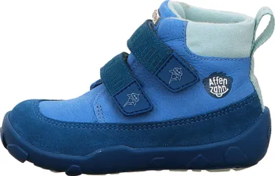 A side view of a blue children's boot.