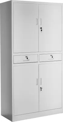 A white metal filing cabinet with two doors on top and two doors on the bottom, with two drawers above the bottom doors.