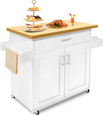 Obrázek produktu pro LARS360 Kuchyňský vozík s kolečky Servírovací vozík Pojízdné kuchyňské ostrůvky 115 x 36 x 90 cm Kuchyňská skříňka se zásuvkou a držákem na ručníky a kořenicí deskou a pracovní deskou bílá