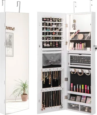 Produktbild von Schmuckschrank mit 2 Spiegel, Spiegelschrank mit 3-farbigen LED-Lichtern & Schloss, Schmuckorganizer für Ohrringe & Armband & Kette & Ringe & Kosmetik, Wand-/Türmontage (Weiss)