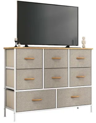Productafbeelding van Zimilo linnenkast met 8 lades, 100x30x76 cm. Dressoir met houten bovenblad, stabiel metalen frame, bijzetkast voor de slaapkamer, khaki kleur