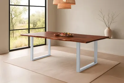 Produktbild von Esstisch Baumkante massiv Akazie kastanienfarben 200 x 100 cm U-Gestell silber Roxana