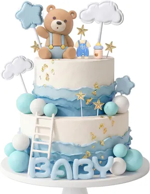 Productafbeelding van Babyshower decoratie jongen - Set van 32 - Taartdecoratie babyblauw met teddybeer - Wolken - Sterren en ballen