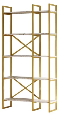 Image de Bibliothèque Étagère en bois MDF mélaminé effet marbre blanc et métal doré H 175 cm